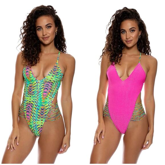 Luli Fama Oasis Babe REVERSIBLE Strappy Bright Colored One Piece SZ M $185 - Picture 3 of 15